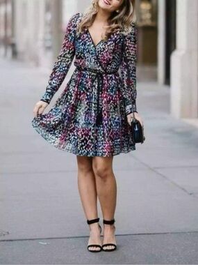 kate spade Metallic Polka Dot Silk Wrap Mini Dress Black Multi Make Magic V-Neck